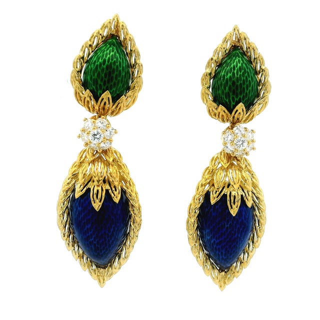 1970s Spritzer & Fuhrmann French Guilloché Enamel Diamond Earrings, Pair For Sale - Image 9 of 14