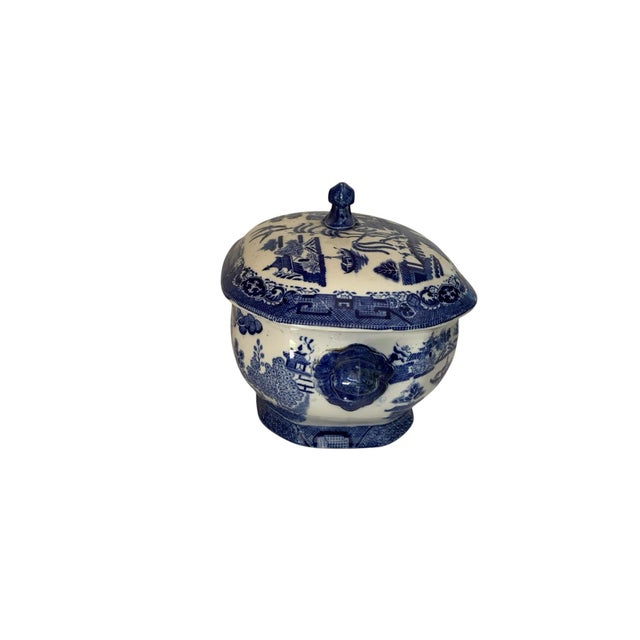 Late 19th Century Antique Ridgways Willow Pattern Soup Tureen Covered Bowl Blue White Semi China England c.1891 For Sale - Image 5 of 6