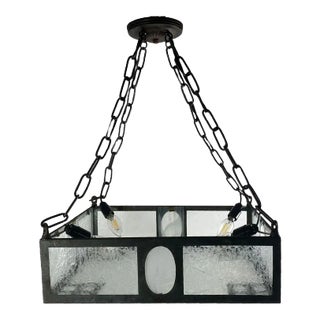 Swedish Iron, Bronze and Crackle Glass Four-Light Pendant Light For Sale