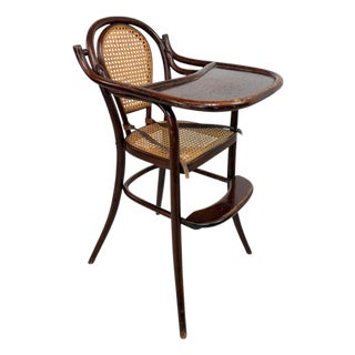 Antique Bentwood Childrens High Chair with Folding Tray and Caned Seat, 1890s For Sale