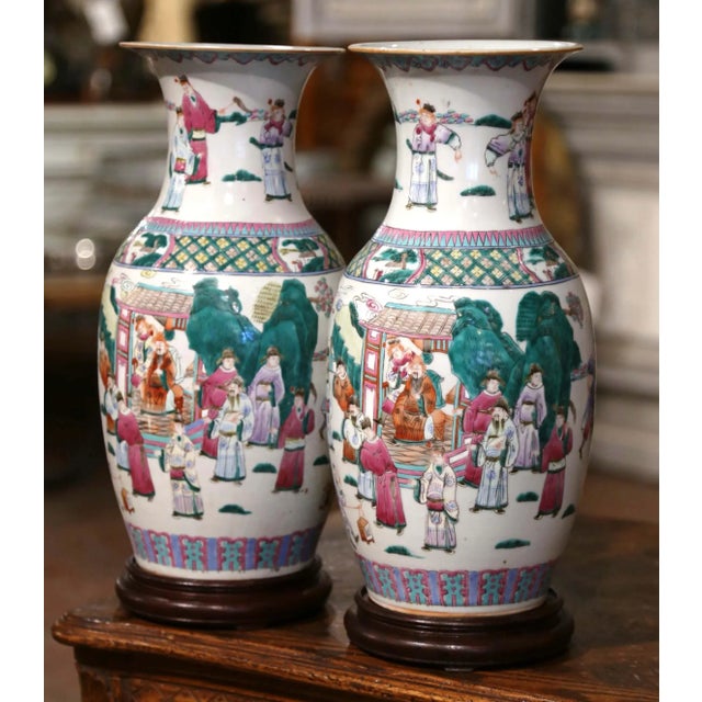 Add color and refinement to a mantel, console, or pair of side tables with this elegant pair of vintage Chinese porcelain...