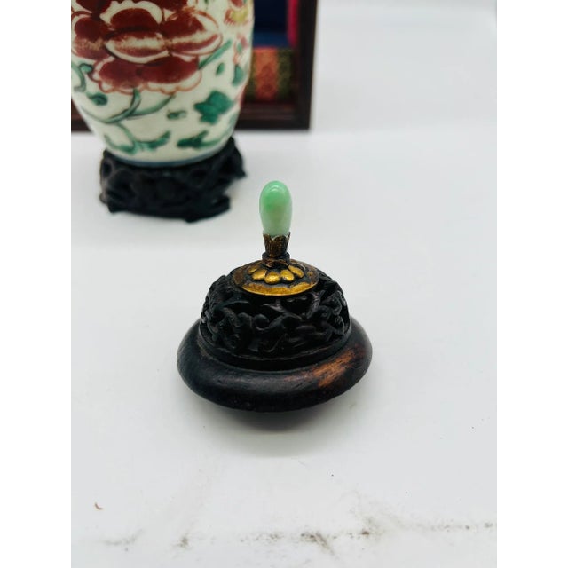 Chinese Porcelain Wucai Vase W/ Rosewood & Jade 19th C., or Earlier in Display For Sale - Image 4 of 8