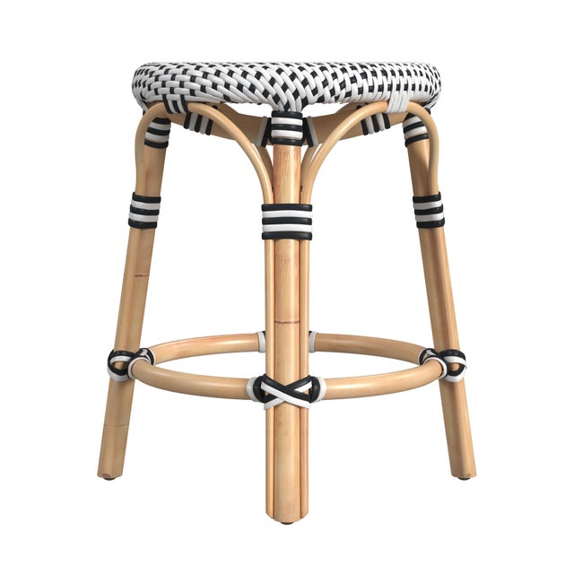 2020s Tobias 18 in. Seat Height Round Rattan Dining Stool, White/Black Dot/ Natural Rattan Frame For Sale - Image 5 of 7