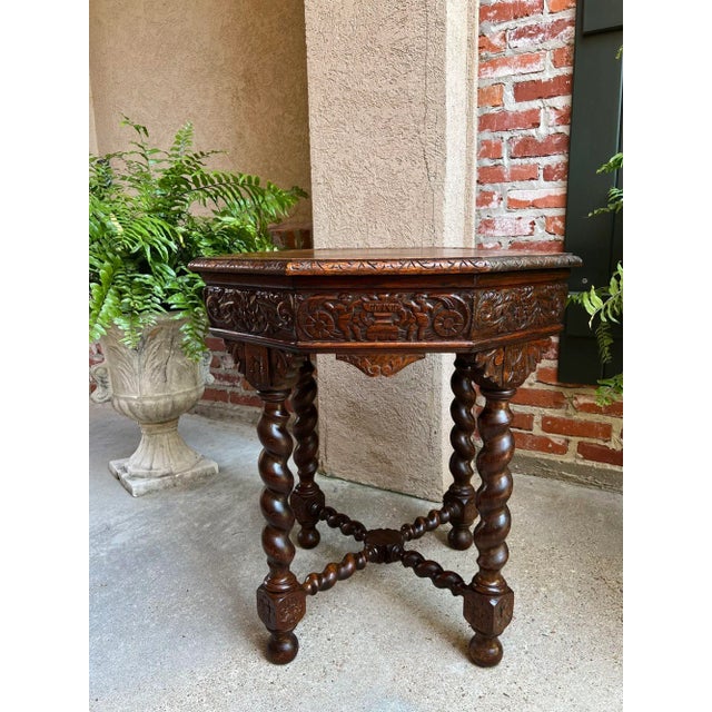 Antique French Octagon Sofa Table Carved Oak Barley Twist Louis XIII Renaissance. Direct from France, a fabulous antique...