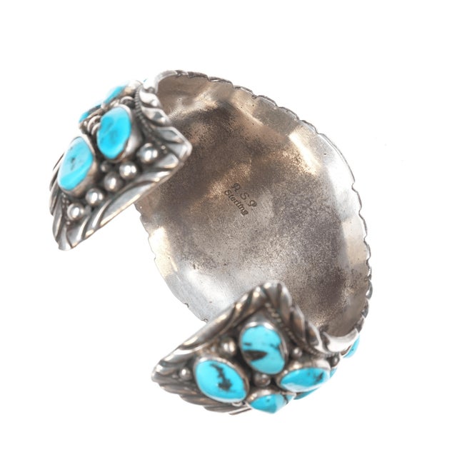 Metal 7" 1980's A.S.P Native American sterling and turquoise nugget cuff bracelet For Sale - Image 7 of 11