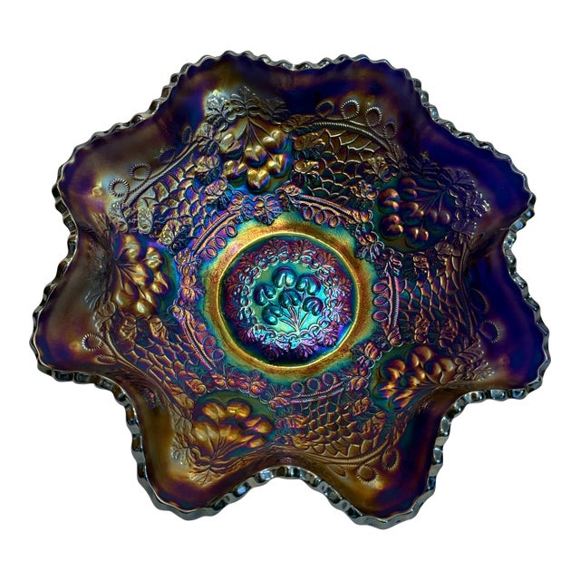 Fenton Cobalt Blue Marigold Carnival Glass Cherry Chain Scalloped Bowl For Sale