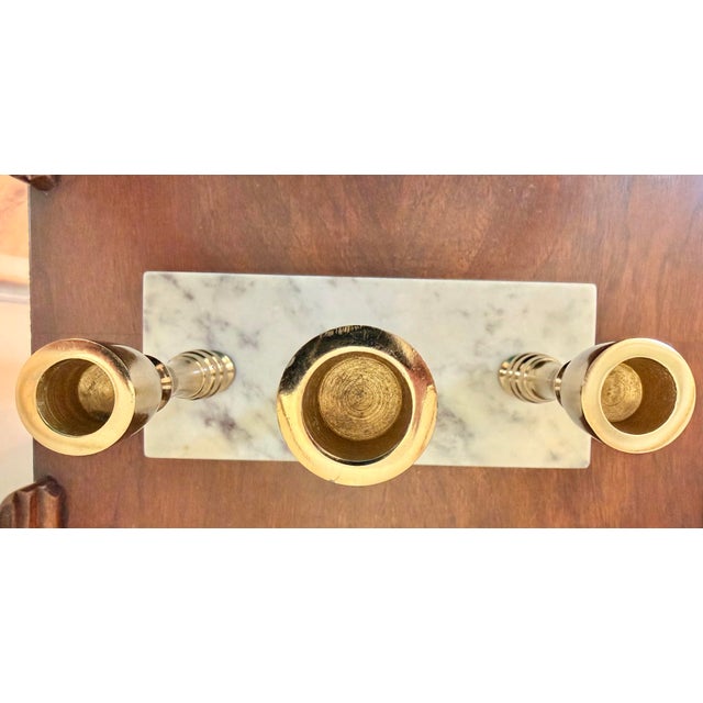Hollywood Regency Brass Three-Candle Candelabra on White Marble Base For Sale - Image 10 of 11
