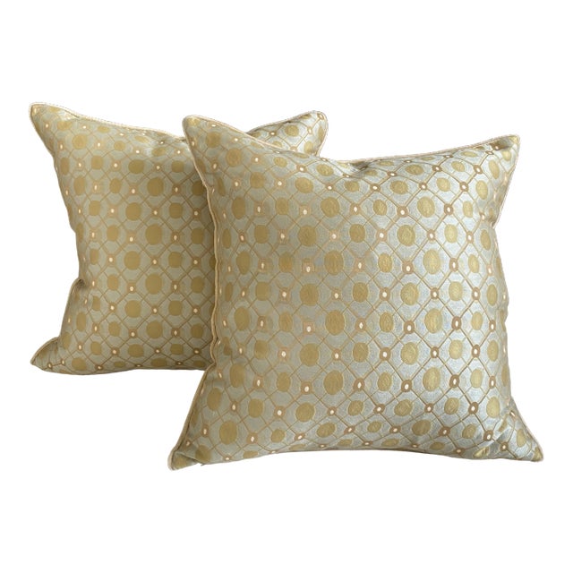 Designer Mid-Century Style Pillows in Olive Green on Ice Blue - A Pair For Sale