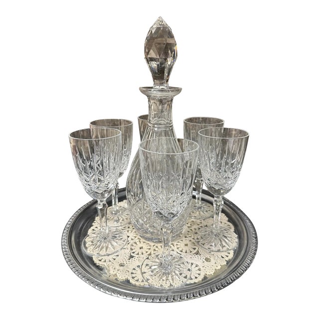Mid 19th Century Edinburgh Crystal Ships Decanter With 6 Glasses and Silver Tray For Sale
