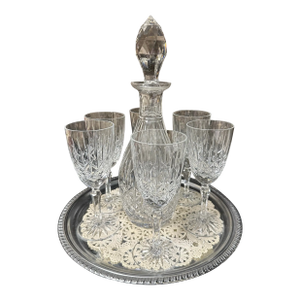 Mid 19th Century Edinburgh Crystal Ships Decanter With 6 Glasses and Silver Tray