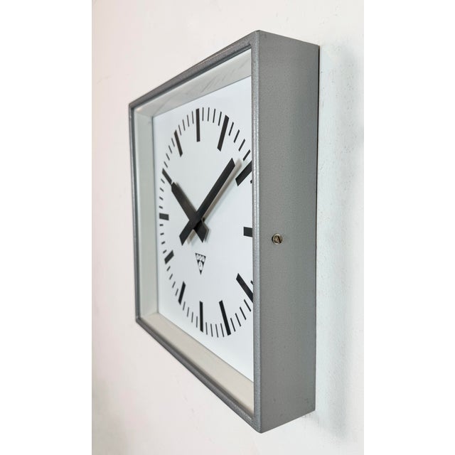 Industrial Industrial Grey Square Wall Clock from Pragotron, 1980s For Sale - Image 3 of 16