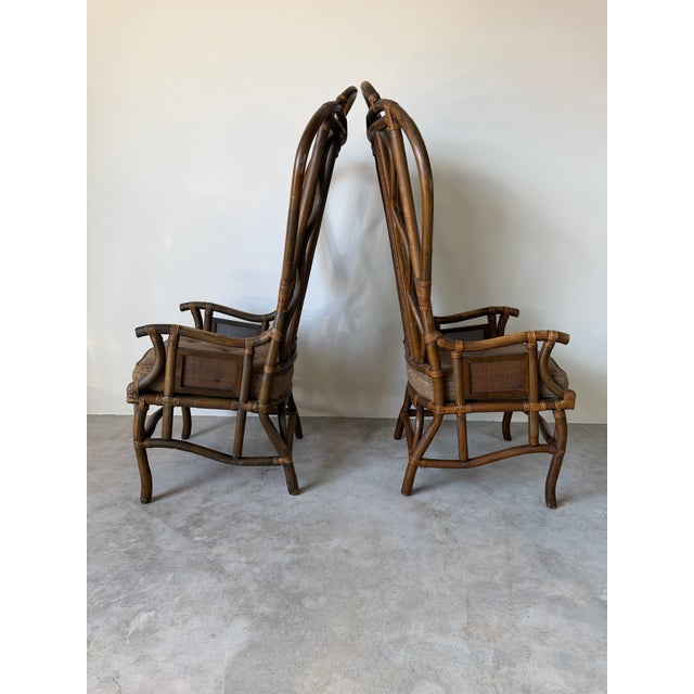 Chippendale Vintage Bent Rattan & Wicker High Back Chippendale Style Arm Chairs - A Pair For Sale - Image 3 of 18