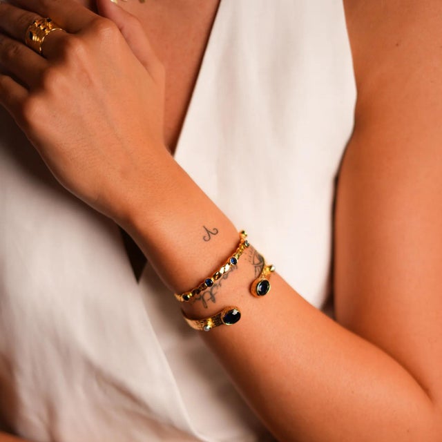 Cleopatra Sapphire & Pearl Adjustable Gold Cuff Bracelet For Sale - Image 4 of 7