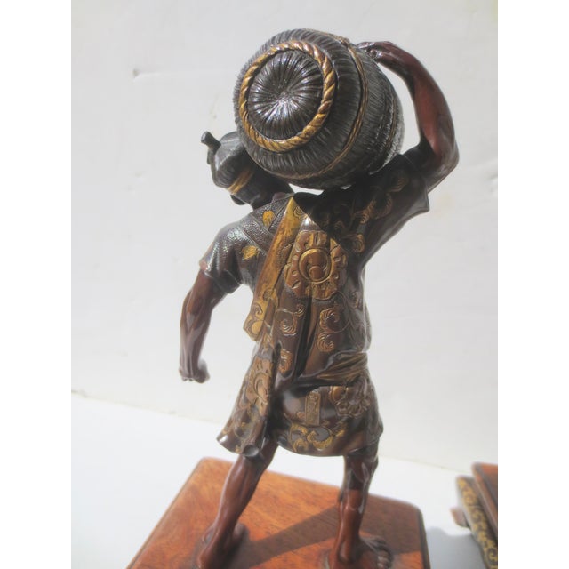 Miyao Fisuke (1868-1912) Meiji Japanese Parcel Gilt and Bronze Figures. Both figures are men with Rice Bails. Both have...