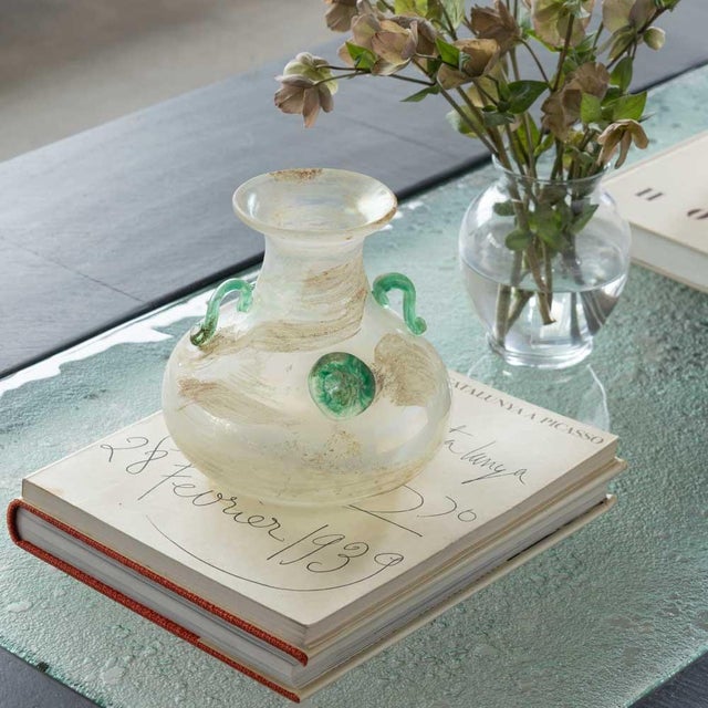 Vintage Scavo vase made of iridescent white glass and ornate blue detailing on sides from Murano, Italy, 1960s. Beautiful...