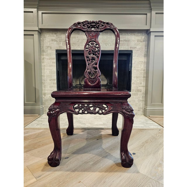 A stunning authentic antique Meiji Era (1867-1912) Japanese pearl and shell inlaid profusely hand carved hardwood chair...