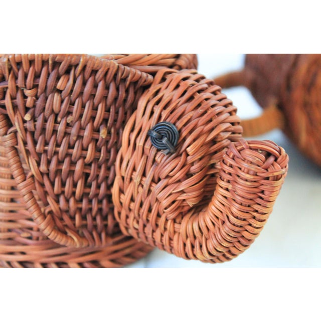 Late 20th Century Vintage Wicker Elephant Cup Holders W/ Ceramic Inserts - Set of 3 For Sale - Image 10 of 12