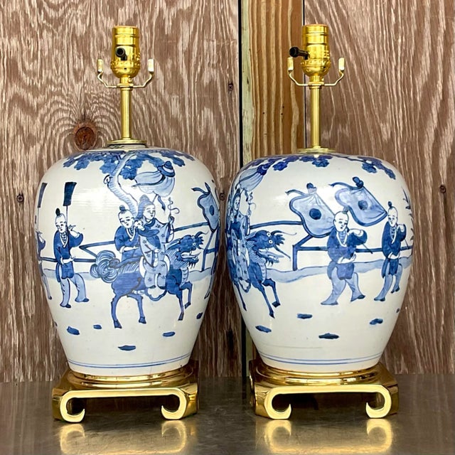 Late 20th Century Vintage Asian Blue and White Pastoral Glazed Ceramic Lamps - a Pair For Sale - Image 5 of 5
