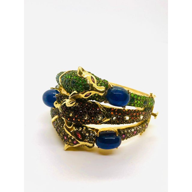 Green Bochic ‘Capri’ Vintage Natural Sapphire, Ruby & Emerald Cuff 18K Gold & Silver For Sale - Image 8 of 13