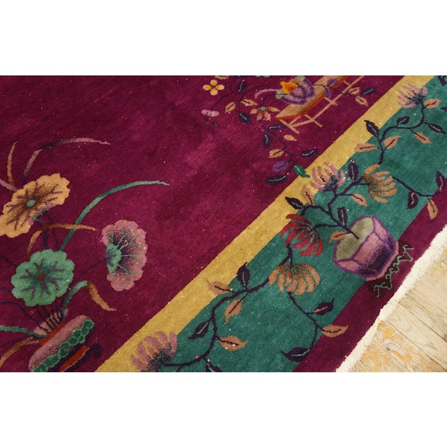 1920s Raspberry Red Floral Vase Antique Chinese Art Deco Carpet 8' 10" X 11' 6" Knotted Wool Rug For Sale - Image 4 of 9