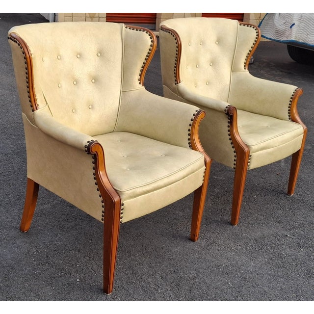 Mid-Century Modern Pair Mid 20th Century Mahogany and Tufted Vinyl Upholstered Wingback Chairs For Sale - Image 3 of 14