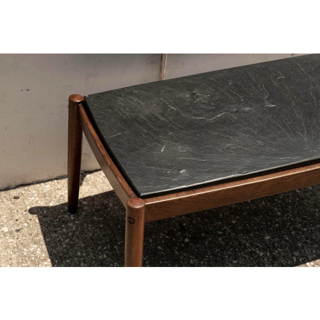 French Brutalist Walnut Coffee Table With Slate Top For Sale - Image 6 of 12