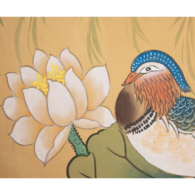 Wood C. 1980s Asian Painted Silk Screen "Mandarin Ducks and Lotus" For Sale - Image 7 of 18