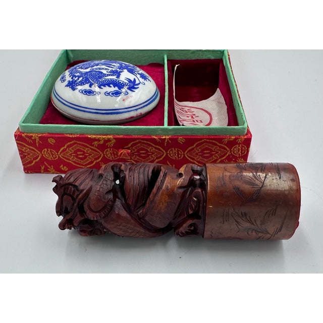 Vintage Chinese Dragon Hand Carved Soapstone Shop Seal & Red Ink Pot Set For Sale - Image 10 of 12