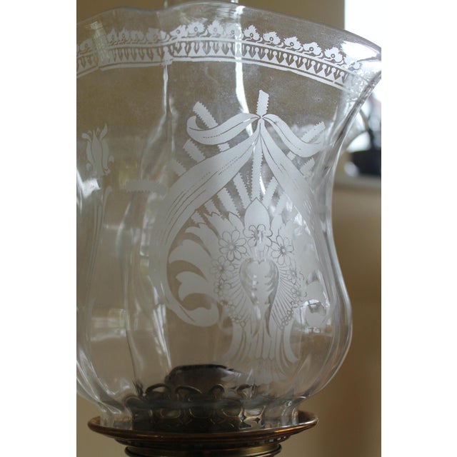 Art Nouveau Oil Lamp with Hand Blown, Etched Glass Shade and Duplex Burner, 1890s For Sale - Image 4 of 13