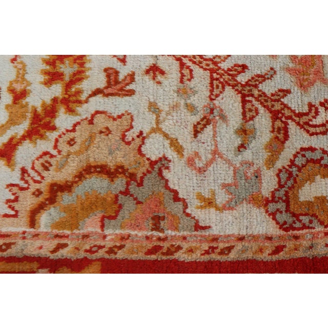 Antique Turkish Oushak With Elegant Motifs in Red, Ivory, Gold and Salmon Pink 7 X 9'8 For Sale - Image 9 of 15