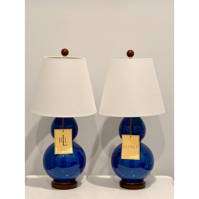 Traditional Ralph Lauren Home Cobalt Blue Double Gourd Porcelain Table Lamps – Pair For Sale - Image 3 of 9