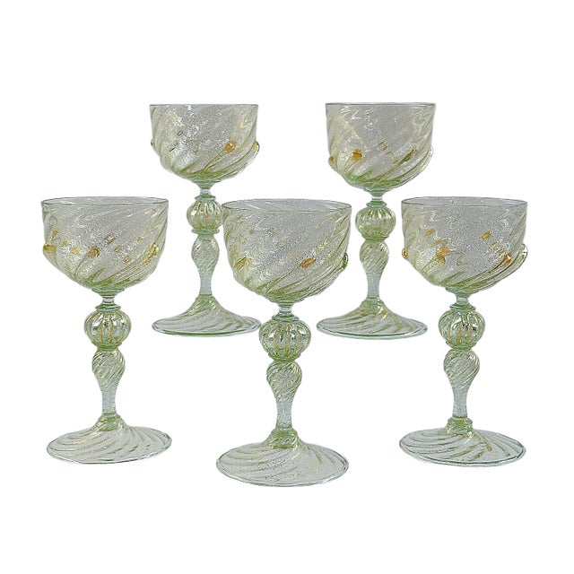 Mid 20th Century Venetian Salviati Attributed Green Gold Flecked Stemware - Set of 5 For Sale - Image 9 of 9