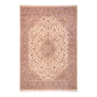 Shabby Chic Medallion Kashan Pak-Persian Ivory/Brown Wool Rug - 10'1'' X 13'6'' For Sale
