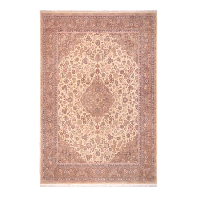 Shabby Chic Medallion Kashan Pak-Persian Ivory/Brown Wool Rug - 10'1'' X 13'6'' For Sale