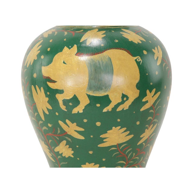Ceramic Vintage Brunschwig & Fils Hand-Painted Green Ceramic Pig Table Lamps - Pair For Sale - Image 7 of 11