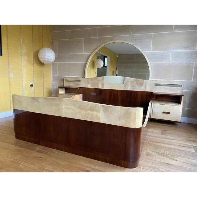 Wood Large Art Deco Bed with Integrated Bedside Tables in Wood and Parchment, 1940s For Sale - Image 7 of 9