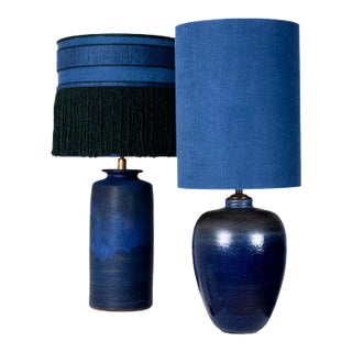 Large Ceramic Table Lamps with Custom Made Lampshades by René Houben, Set of 2 For Sale