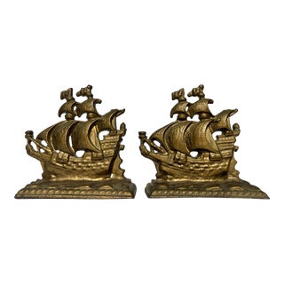 Mid 20th Century Brass Tone Schooner Bookends- a Pair For Sale