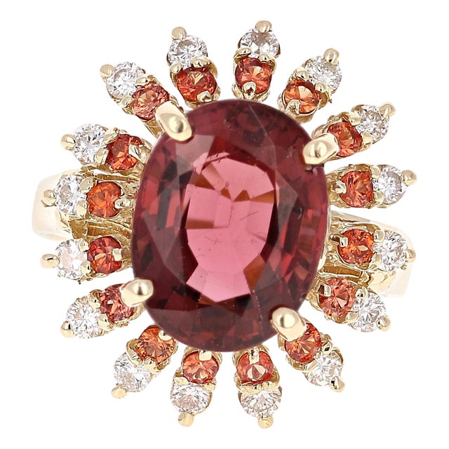 6.23 Carat Tourmaline Sapphire Diamond Yellow Gold Cocktail Ring, Size 7 For Sale