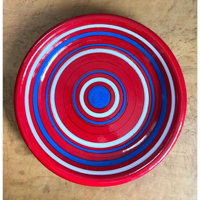 Mid-Century Modern Vintage Raymor Red and Blue Striped Ceramic Plate For Sale - Image 3 of 12