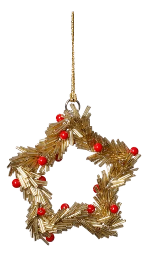 Festive Beaded Ornaments with Red Berries, Set of 12, Gold Star, 4"