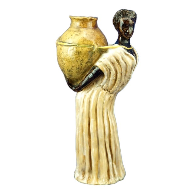 20th Century Majolica Ceramic Sculpture of Woman with Vase from Tanagra Rome, Italy For Sale