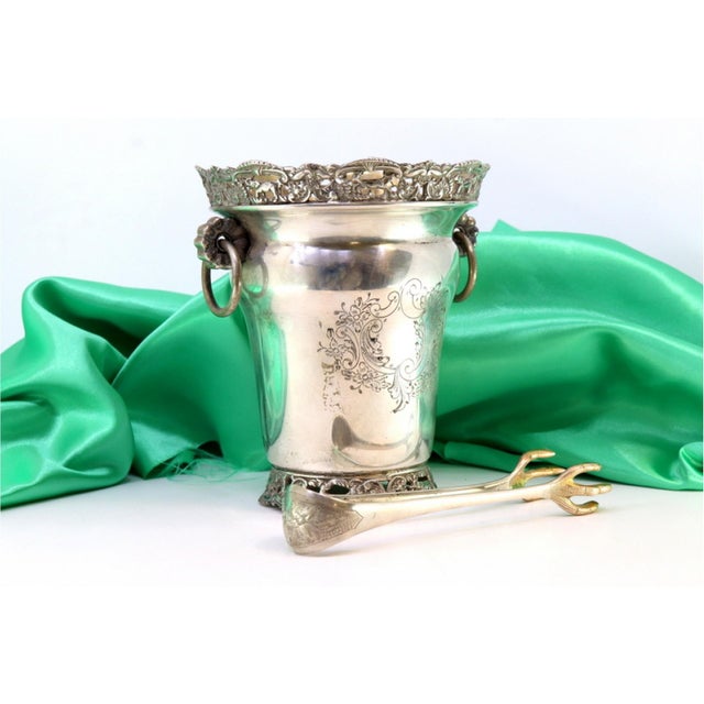Metal Ice Bucket with Silver Tongs and Ring-Shaped Handles For Sale - Image 7 of 7