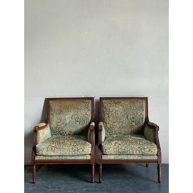 Vintage Regency Carved Detail Bergere Chairs - A Pair For Sale - Image 4 of 4