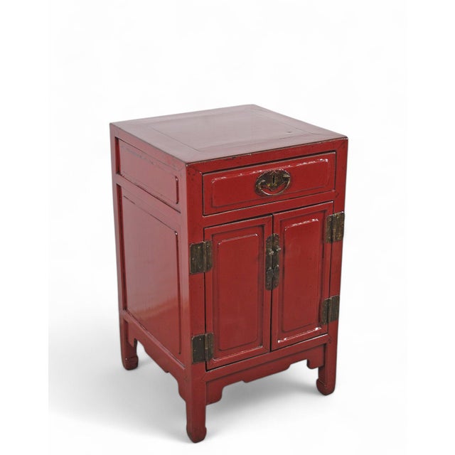 Chinese Red Nightstand or Accent Table With 1 Drawer and Cabinet For Sale - Image 3 of 9