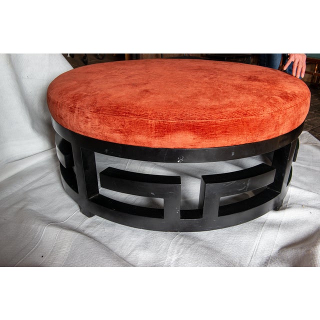 Greek Key Round Ottoman, Wood Base, Orange-Red Velvet, 1980s For Sale - Image 13 of 13