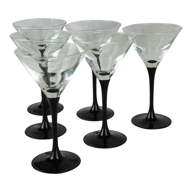 1980s Luminarc French Martini Glasses With Black Stems - Set of 6 For Sale