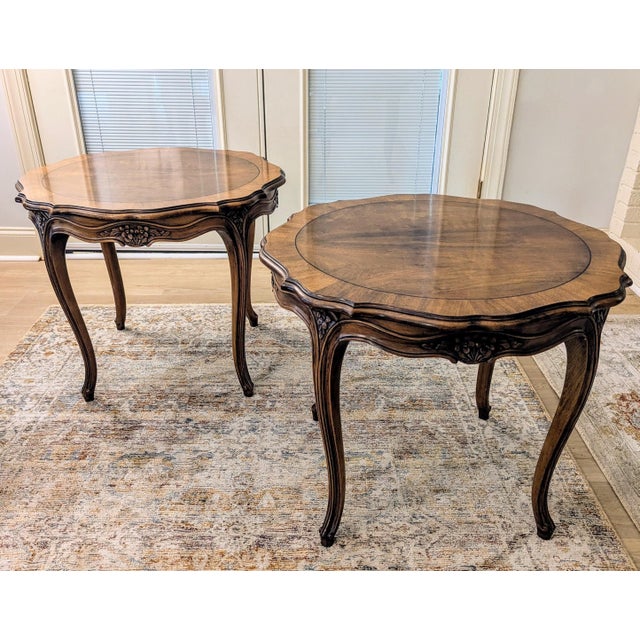 Beautiful pair of French Provincial walnut end/side tables by Karges Furniture, estimated to be made in the 80s. Gorgeous...