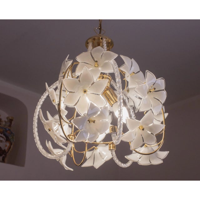Murano Spherical Chandelier Full of White Flowers, 1980s For Sale - Image 11 of 13
