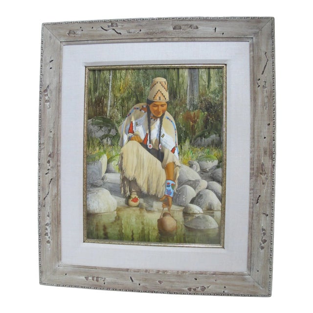 Roger Cooke Pacific Nw Signed Framed Native American Oil Painting River Woman For Sale